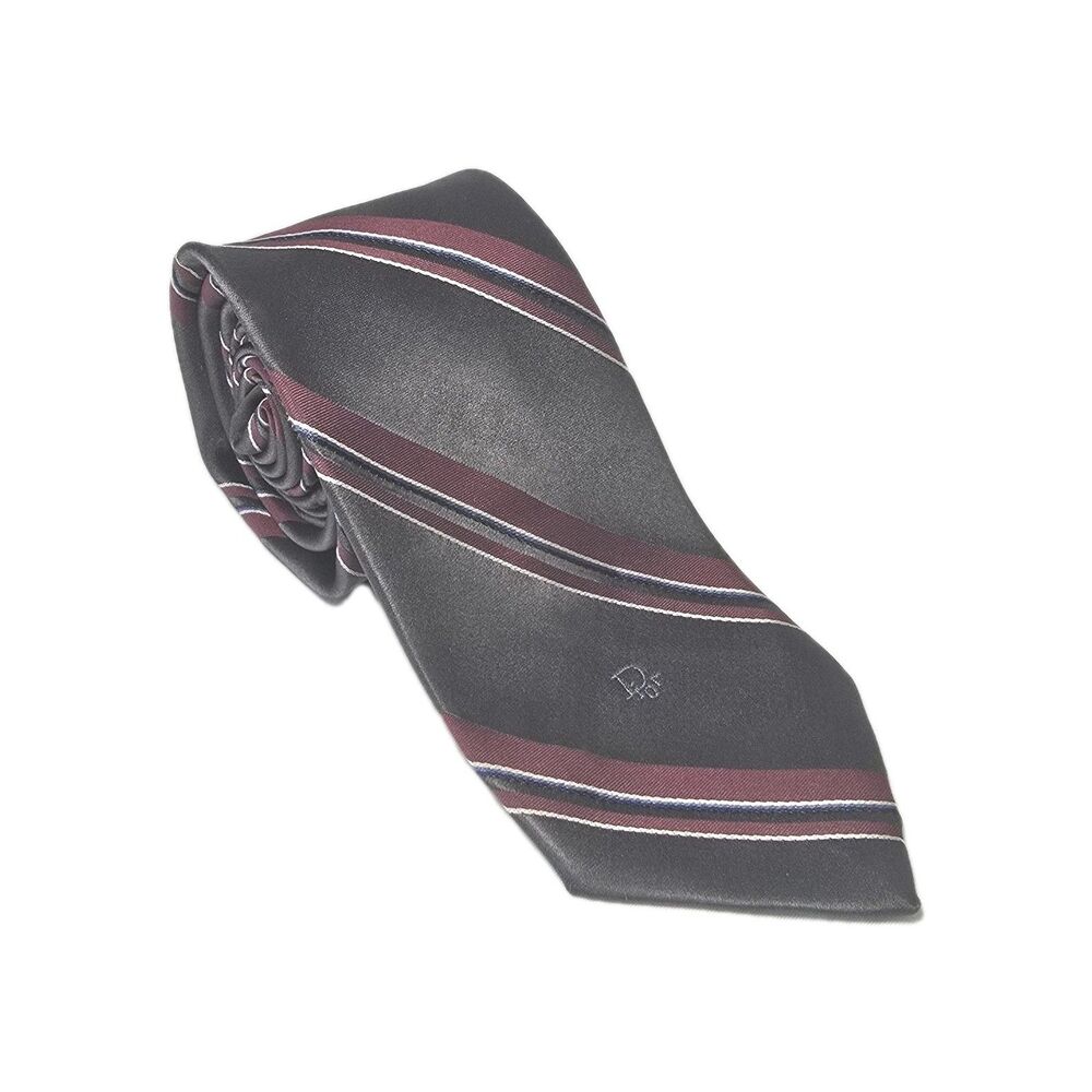 VTG Christian Dior Men's Necktie Gray Red Striped Print Classic Designer Retro